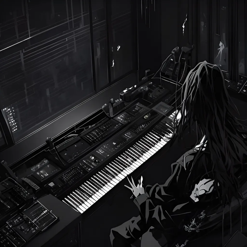 Prompt: Minimalist anime depiction of Korn, dark and moody ambiance, high contrast, detailed instruments, intense and brooding character designs, sleek and professional, highres, ultra-detailed, anime, dark tones, minimalist, detailed instruments, intense expressions, professional, moody lighting