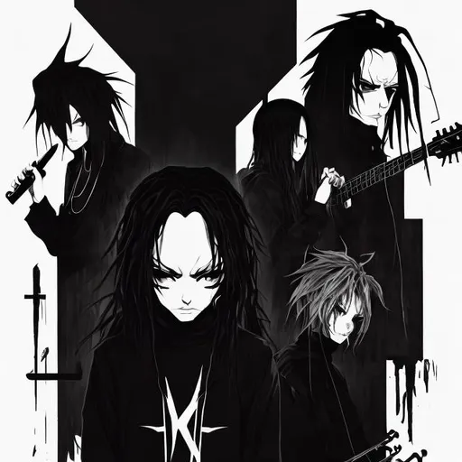 Prompt: Minimalist anime depiction of Korn, dark and moody ambiance, high contrast, detailed instruments, intense and brooding character designs, sleek and professional, highres, ultra-detailed, anime, dark tones, minimalist, detailed instruments, intense expressions, professional, moody lighting