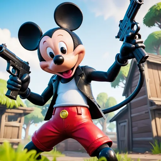 Prompt: Mickey  mouse with guns in Fortnite 