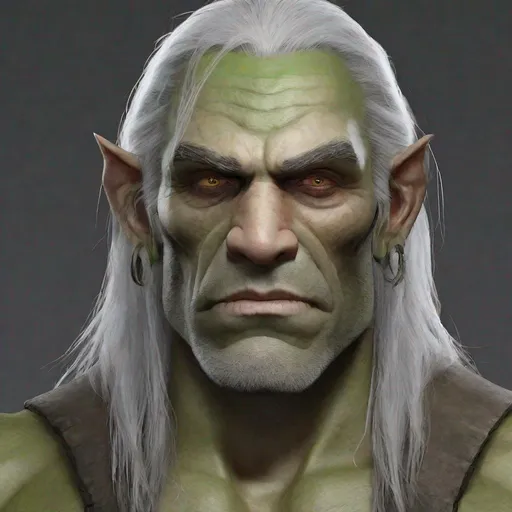 Prompt:  a 53 year old male half-orc. He has very long, straight, silver hair and golden eyes. He has rough green skin. He stands 187cm (6'1") tall and has a muscular build. He has a triangular, ugly face. He is missing his right ear.