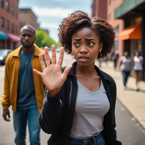 Prompt: Young black lady waving  in refusal towards a sad black man