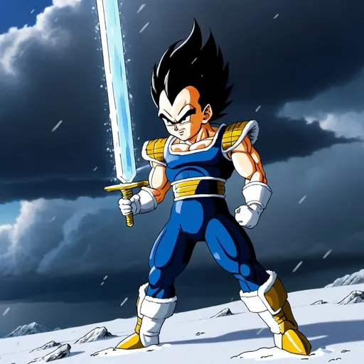 Prompt: Vegeta taking the "Snow Sword" under the thunderstorm