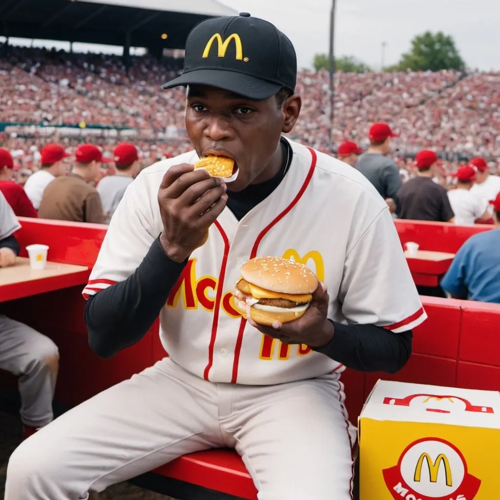 Prompt: a man eating McDonalds while playing baseball Infront of 1000 people.
