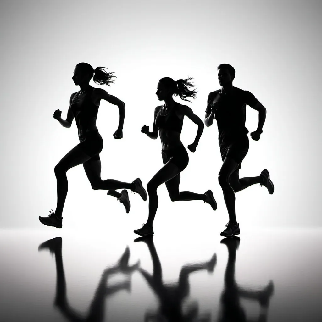 Prompt: (silhouette of male and female runners), high contrast black on white background, (minimalistic style), clean lines, modern design, dynamic motion depiction, energetic ambiance, inspiring atmosphere, (ultra-detailed), visually striking composition, crisp outlines, refined elegance, sense of speed and vigor, strong athletic poses, balanced composition, eye-catching design