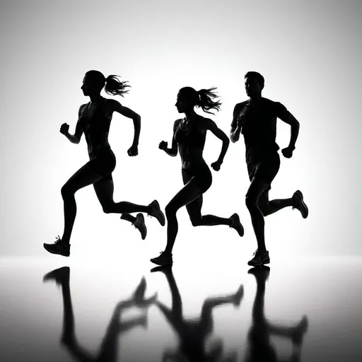 Prompt: (silhouette of male and female runners), high contrast black on white background, (minimalistic style), clean lines, modern design, dynamic motion depiction, energetic ambiance, inspiring atmosphere, (ultra-detailed), visually striking composition, crisp outlines, refined elegance, sense of speed and vigor, strong athletic poses, balanced composition, eye-catching design