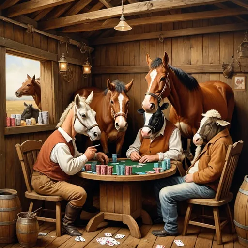 Prompt: Horse in barn playing poker with cow sheep and donkey wearing glasses and smoking cigars.  Renaissance style
Painting