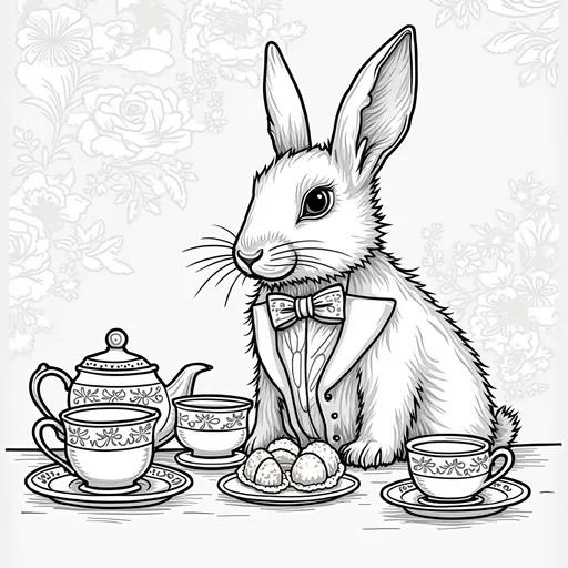 Prompt: Create a page for an adult colouring book using just lines with this as the description: 7. Victorian Bunny Tea Party: A dapper English Spot rabbit seated at a miniature Victorian-style table laden with tiny teacups, saucers, and pastries, all adorned with delicate patterns. A floral wallpaper pattern in the background.
