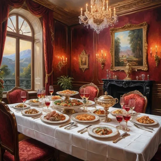 Prompt: Priceless meal, oil painting, opulent setting, extravagant table setting, exquisite details, vibrant colors, luxurious textures, high quality, realistic, lavish, sumptuous feast, rich and warm tones, soft and natural lighting, fine dining, decadent cuisine, elegant presentation, exquisite artistry, intricate details, grandiose atmosphere, top-notch craftsmanship