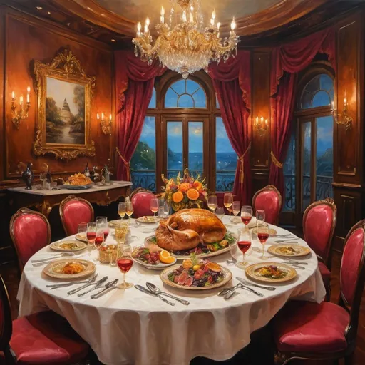 Prompt: Priceless meal, oil painting, opulent setting, extravagant table setting, exquisite details, vibrant colors, luxurious textures, high quality, realistic, lavish, sumptuous feast, rich and warm tones, soft and natural lighting, fine dining, decadent cuisine, elegant presentation, exquisite artistry, intricate details, grandiose atmosphere, top-notch craftsmanship