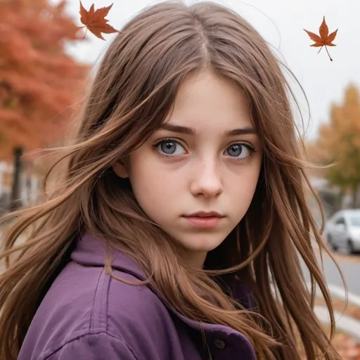 Prompt: A teenager is in an urban area. The wind is blowing from the left and the leaves, which are brown and reddish in color because it is currently autumn, are also blowing with the wind. The girl's hair is also blowing along the left side of the wind and partially covers her face, but not completely. The girl has shoulder-length brown hair. Her eyes are large and purple in color. The picture is a portrait and is in anime/manga- style.