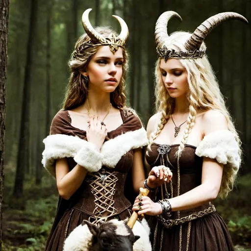 Prompt: Goddess Justica and Goddess Freya are holding hands, like depicted on the picture below. Justicia is wearing Ancient Greek clothes, a golden crown with golden metal leaves and is holding a golden metal Libra on the other hand and the Norse goddess Freya is holding a long stick with horns on its tip on her other hand. The Ancient Greek goddess Justicia is on the left and the Norse goddess Freya is on right. Freya is wearing dark brown Celtic clothes with a white sheep fur that covers her shoulders. They are looking strong a confident. The Backround is a dreamy forest with cute little butterflies ,portrait, realistic oil painting