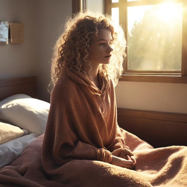 Prompt: It‘s in the morning. A woman just stood up and is sitting in bed. Her legs are still covered with a blanket. While she is sitting in bed, she looks out of the window. The sun is shining and it’s bright. The woman is standing behind the viewer. Just her long, blond and curly hair is seen. stunning detailed scene, wide shot, bright soft diffused light, glow, digital painting, intricate, highly detailed, volumetric lighting, romantic