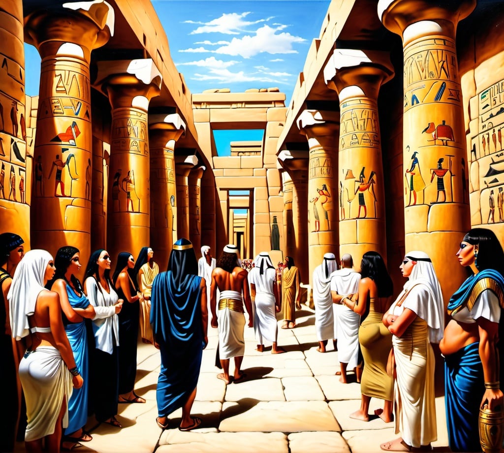 Prompt: People of ancient egypt are gathering together in Karnak temple. The people are a mixture of young, old, women and men. They are discussing about somethink vividly. This is a hyperrealistic oil painting.