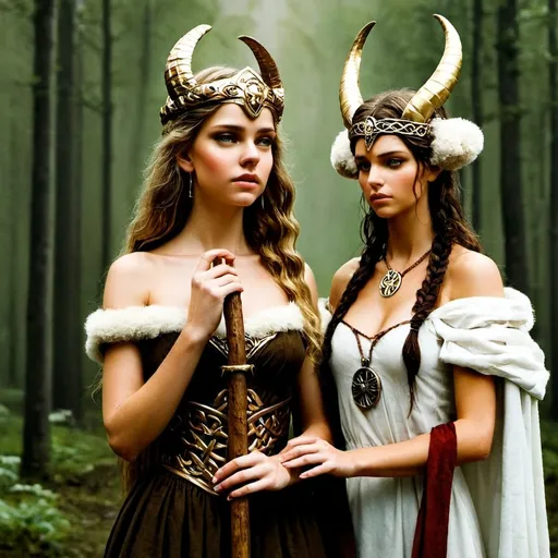 Prompt: Goddess Justica and Goddess Freya are holding hands, like depicted on the picture below. Justicia is wearing Ancient Greek clothes, a golden crown with golden metal leaves and is holding a golden metal Libra on the other hand. 
The Norse goddess Freya is holding a long stick with horns on its tip on her other hand. The Ancient Greek goddess Justicia is on the left and the Norse goddess Freya is on right. 
Freya is wearing dark brown Celtic clothes with a white sheep fur that covers her shoulders. 
They are looking strong a confident. The Backround is a dreamy forest with cute little butterflies ,portrait, realistic oil painting