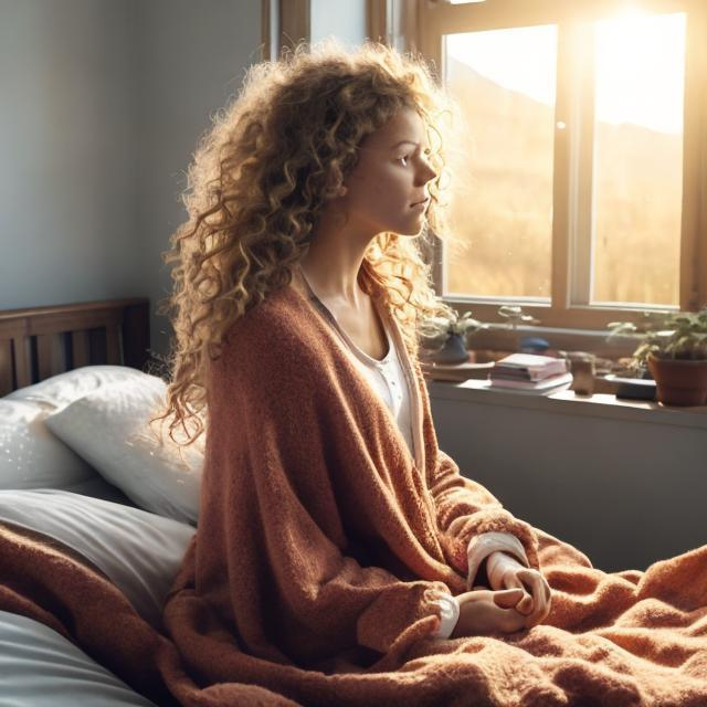 Prompt: It‘s in the morning. A woman just stood up and is sitting in bed. Her legs are still covered with a blanket. While she is sitting in bed, she looks out of the window. The sun is shining and it’s bright. The woman is standing behind the viewer. Just her long, blond and curly hair is seen. stunning detailed scene, wide shot, bright soft diffused light, glow, digital painting, intricate, highly detailed, volumetric lighting, romantic. The woman is slightly smiling and is looking out of the window like she is happy and grateful to do so. One can she the positivity the woman is radiating.