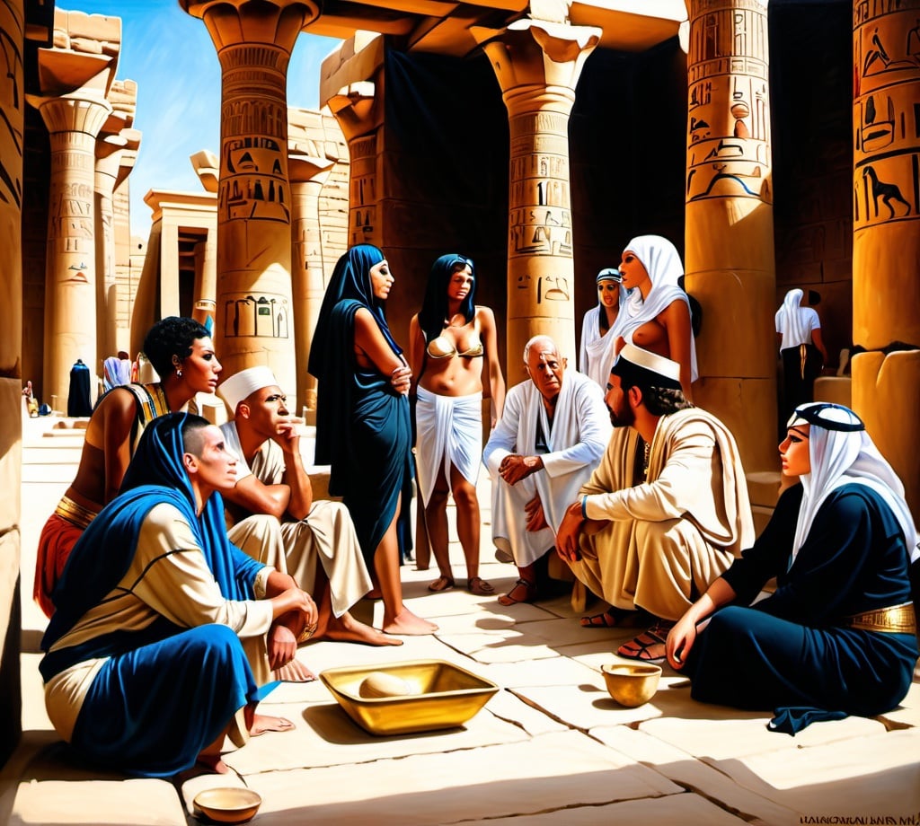 Prompt: People of ancient egypt are gathering together in Karnak temple. The people are a mixture of young, old, women and men. They are discussing about somethink vividly. While they are discussing they are sitting on the floor. This is a hyperrealistic oil painting.