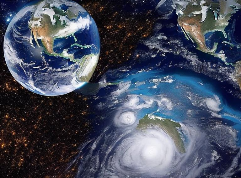 Prompt: The Earth is close to the sun. On the earth one can see cyclones. The picture is an accurate satellite shot. Hyper realistic picture and the background is white.