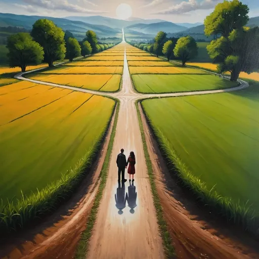 Prompt: A man and a woman are standing on a field. They are facing multiple roads which leads to different directions. This image is an oil painting. This scenery is depicted in a realistic way.