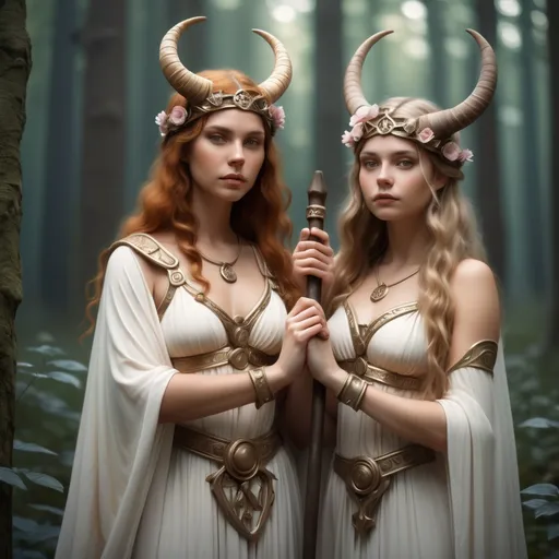 Prompt: Goddess Justica and Goddess Freya are holding hands, like depicted on the picture below. Justicia is wearing Ancient Greek clothes and is holding a Libra on the other hand and the Norse goddess Freya is holding a long stick with horns in its tip on her other hand.They are looking strong a confident. The Backround is a dreamy forest with cute little butterflies ,portrait, realistic oil painting