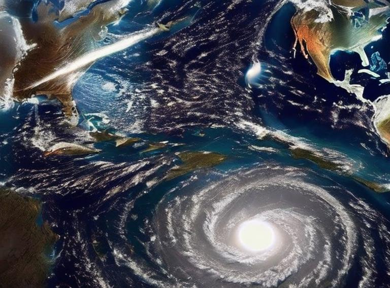 Prompt: The Earth is close to the sun. On the earth one can see cyclones. The picture is an accurate satellite shot. Hyper realistic picture and the background is white.