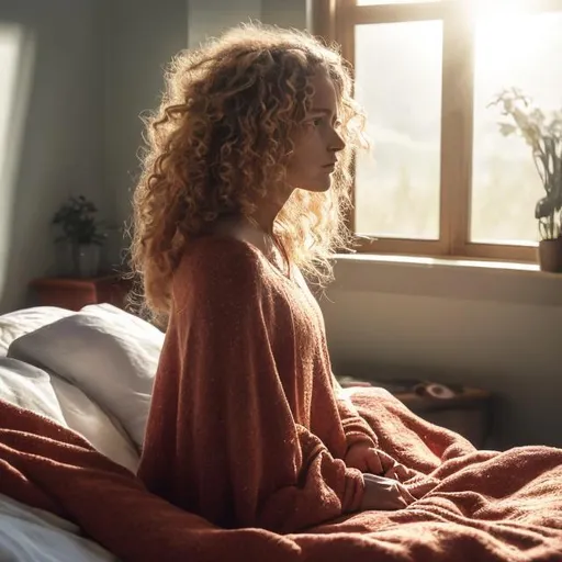 Prompt: It‘s in the morning. A woman just stood up and is sitting in bed. Her legs are still covered with a blanket. While she is sitting in bed, she looks out of the window. The sun is shining and it’s bright. The woman is standing behind the viewer. Just her long, blond and curly hair is seen. stunning detailed scene, wide shot, bright soft diffused light, glow, digital painting, intricate, highly detailed, volumetric lighting, romantic. The woman is slightly smiling and is looking out of the window like she is happy and grateful to do so. One can she the positivity the woman is radiating.