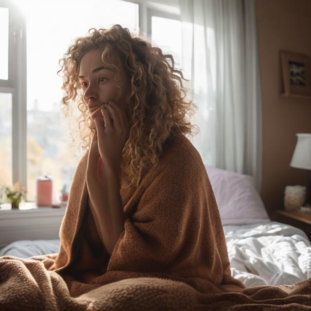 Prompt: It‘s in the morning. A woman just stood up and is sitting in bed. Her legs are still covered with a blanket. While she is sitting in bed, she looks out of the window. The sun is shining and it’s bright. The woman is standing behind the viewer. Just her long, blond and curly hair is seen. stunning detailed scene, wide shot, bright soft diffused light, glow, digital painting, intricate, highly detailed, volumetric lighting, romantic