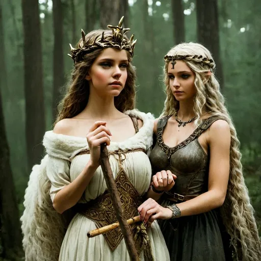 Prompt: Goddess Justica and Goddess Freya are holding hands, like depicted on the picture below. Justicia is wearing Ancient Greek clothes, a golden crown with golden metal leaves and is holding a golden metal Libra on the other hand. 
The Norse goddess Freya is holding a long stick with horns on its tip on her other hand. The Ancient Greek goddess Justicia is on the left and the Norse goddess Freya is on right. 
Freya is wearing dark brown Celtic clothes with a white sheep fur that covers her shoulders. 
They are looking strong a confident. The Backround is a dreamy forest with cute little butterflies ,portrait, realistic oil painting