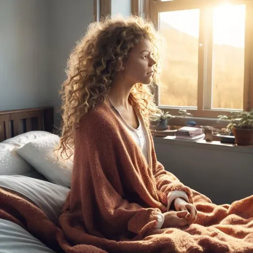 Prompt: It‘s in the morning. A woman just stood up and is sitting in bed. Her legs are still covered with a blanket. While she is sitting in bed, she looks out of the window. The sun is shining and it’s bright. The woman is standing behind the viewer. Just her long, blond and curly hair is seen. stunning detailed scene, wide shot, bright soft diffused light, glow, digital painting, intricate, highly detailed, volumetric lighting, romantic