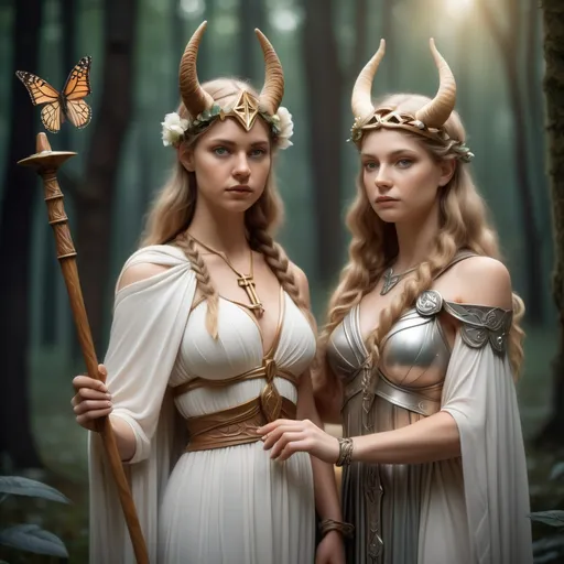 Prompt: Goddess Justica and Goddess Freya are holding hands, like depicted on the picture below. Justicia is wearing Ancient Greek clothes and is holding a Libra on the other hand and the Norse goddess Freya is holding a long stick with horns in its tip on her other hand.They are looking strong a confident. The Backround is a dreamy forest with cute little butterflies ,portrait, realistic oil painting