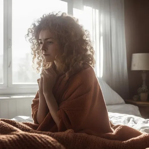 Prompt: It‘s in the morning. A woman just stood up and is sitting in bed. Her legs are still covered with a blanket. While she is sitting in bed, she looks out of the window. The sun is shining and it’s bright. The woman is standing behind the viewer. Just her long, blond and curly hair is seen. stunning detailed scene, wide shot, bright soft diffused light, glow, digital painting, intricate, highly detailed, volumetric lighting, romantic