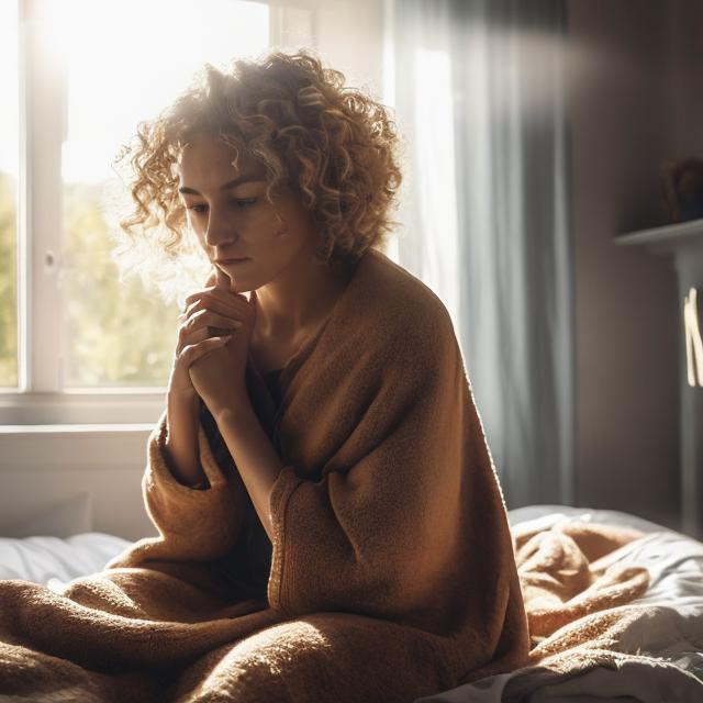 Prompt: It‘s in the morning. A woman just stood up and is sitting in bed. Her legs are still covered with a blanket. While she is sitting in bed, she looks out of the window. The sun is shining and it’s bright. The woman is standing behind the viewer. Just her long, blond and curly hair is seen. stunning detailed scene, wide shot, bright soft diffused light, glow, digital painting, intricate, highly detailed, volumetric lighting, romantic