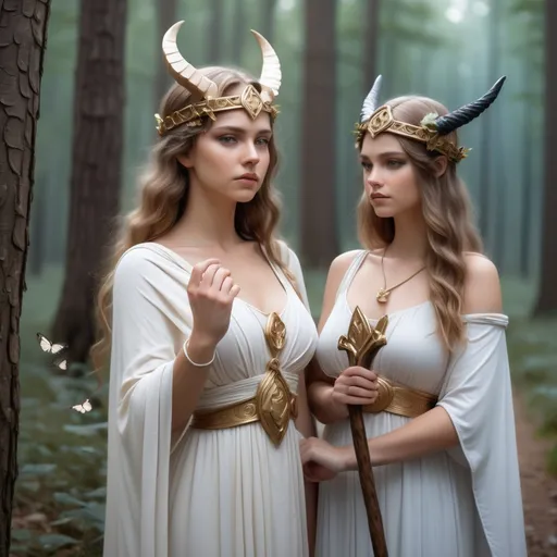 Prompt: Goddess Justica and Goddess Freya are holding hands, like depicted on the picture below. Justicia is wearing Ancient Greek clothes and is holding a Libra on the other hand and the Norse goddess Freya is holding a long stick with horns in its tip on her other hand.They are looking strong a confident. The Backround is a dreamy forest with cute little butterflies ,portrait, realistic oil painting