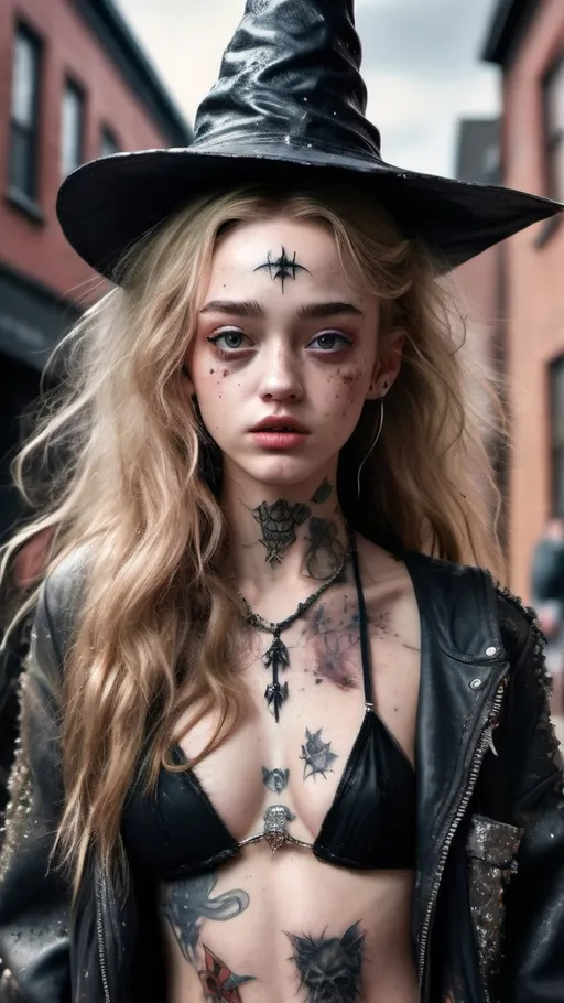 Prompt: Photorealistic (full body) girl in her late teens, looks like Phoebe Dynevor, her body is covered in death metal tattoos, she is a witch, she is dressed in modern expensive designer street wear, hypebeast, a small witch’s hat, long messy hair, dirty, glitter makeup, downtown

