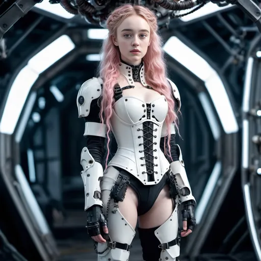 Prompt: (Full Body) Phoebe Dynevor wearing combat boots, in a mecha suit inspired by a Victorian Corset dress, very narrow waist, long torso, long legs, long messy white braided hair, pale gray eyes, pink complexion on her cheeks and nose, freckles, 

photographic, photoreal, cinematic, full body, wide shot,