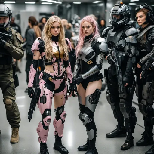 Prompt: <mymodel>

Full Body,

Elle Fanning and Phoebe Dynevor and Sydney Sweeney, badass girls in the same tactical unit, very skinny and fit, long messy braided pastel pink and white hair, shiny glitter face and body makeup, pale gray eyes, long skinny legs, black gold silver armor, some damage and dirt and scuffs, exposed tattooed midriff, exposed tattooed thighs, a lot of tattoos, running away from robots in a dystopian downtown city center, eluding capture, gold waist chain, gold bracelets, 

Phtotoreal, cinematic, depth of field, lens flare, beautiful symmetrical face