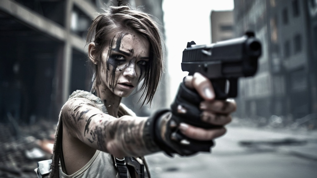 Prompt: android girl, skinny, white, with a gun, 

dark city, post apocalyptic, gritty,

photographic, candid style, highly detailed, 12k, film, cinematic, depth of field