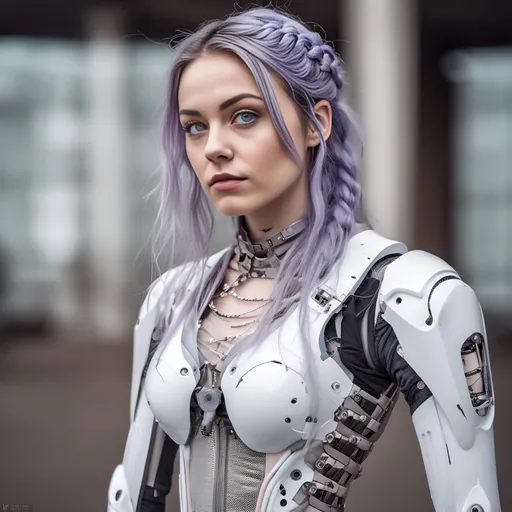 Prompt: <mymodel> real life photograph,
full body, thin tattooed girl android, looks like Violett Beane, white tight-fitting jumpsuit inspired by a victorian corset, boots, eyes open, happy and smiling, 18 years old, milky white complexion, petite, delicate, beautiful, dainty, long legs, pale gray eyes, pastel makeup, long pastel hair in braids, she is a mechanic working on a large battle robot, Photoreal and cinematic, candid, natural, perfect symmetrical face, art nouveau details
