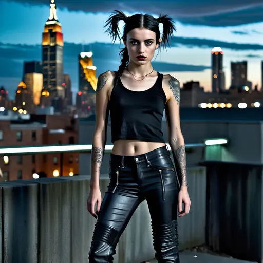 Prompt: full body view of a girl in her teens that has the appearance of a young Anna de Armas, in this photoreal image, she is in a dystopian cityscape at night, but she is well lit and clearly visible against the city backdrop, she has long messy black hair in pigtails, her legs are long and slender, and her torso is slim featuring a very narrow waist, she has a flat chest which enhances her petite frame, she wears dark chrome pants and black modern clothing, she is standing heroically and facing the camera, her boots are clearly and entirely visible in the photo, amazing details in her face,  she has an angelic and ethereal aura, 12k, Photoreal, cinematic, natural beauty, a lot of tattoos,

