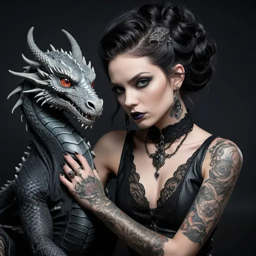 Prompt: 
A fierce and unique gothic woman with a dark aura, pale gray eyes,  sitting with her dragon, her body adorned with intricate tattoos and her clothing a mix of leather and lace. Her hair is styled in a dramatic updo, with hair jewelry adding to her striking appearance.