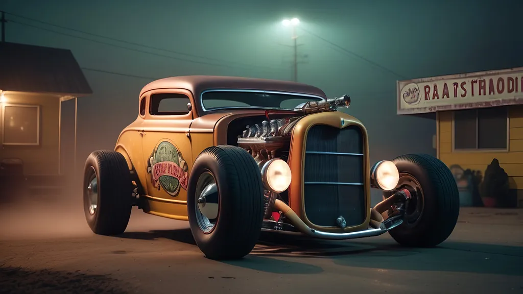 Prompt: Real life hot rod inspired by an Ed Roth illustration, Rat Fink, rockabilly, rusty dusty color palette, 35mm photograph, sharp focus, intricate, highly detailed, hi res, 8k, hi res, 8k, cinematic composition, 3/4 view, symmetrical, good geometry, night shot, low light, fog