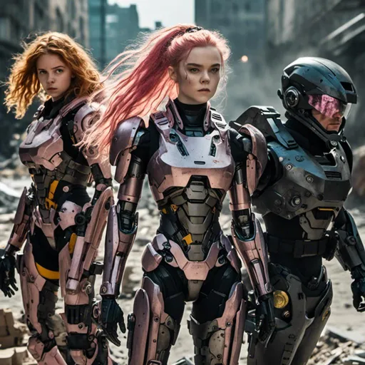 Prompt: <mymodel>

Full Body,

Elle Fanning and Phoebe Dynevor and Josh Brolin, badass teens in the same tactical unit, the girls have long messy braided pink hair, pale gray eyes, long black gold silver armor, some damage and dirt and scuffs, a lot of tattoos, running away from robots in a dystopian downtown city center, eluding capture, 

Phtotoreal, cinematic, depth of field, lens flare, beautiful symmetrical face