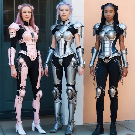 Prompt: Skinny girl warriors wearing mecha armor suits inspired by victorian corsets,  mixed races, eyes open, happy and smiling, late teens, petite, slim, delicate, beautiful, dainty, extremely Narrow waist, long skinny legs, Tattoos, long pastel hair in braids, photographic, Photoreal, cinematic, candid, natural, 