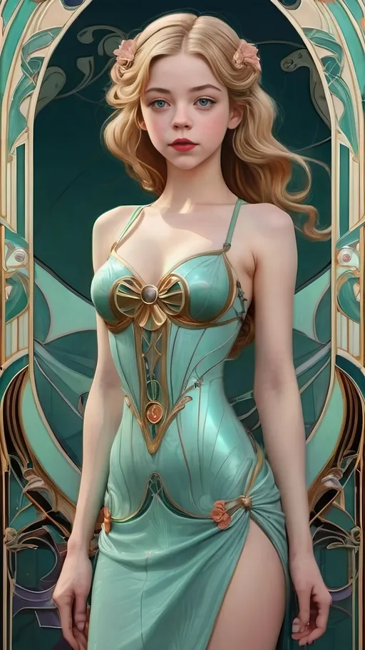 Prompt: (Full Body) petite woman in her 20s, she looks like Sydney Sweeney, Art Nouveau in the year 3030