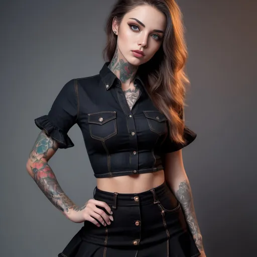 Prompt: Full body photo of beautiful young woman, tattoos, beautiful face, highly detailed face, black ruffle skirt, tight fitting black denim blouse, sensual, highly detailed, simple design, Bright eyes, professional lighting, highly detailed photo, 164k, UHD, HDR. Strong jawline, accurate anatomy, strategic lighting. Cinematic experience 