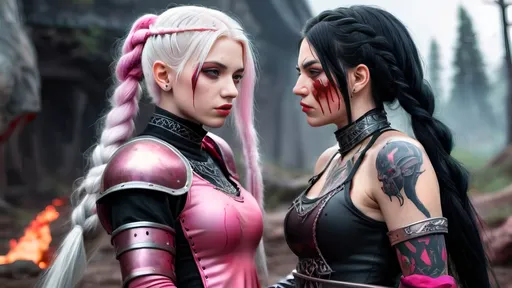 Prompt: An epic battle. Beautiful Teenage girls with white hair in braids and pink armor, cut and bloody, tattoos, fighting red trolls with black hair. 