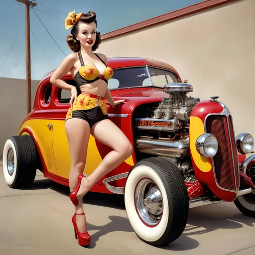 Prompt: Full body Photograph, 35mm, Photoreal 1940s Gil Elvgren pin-up girl, narrow waist, posing with an Ed Roth hot rod, sharp focus, intricate, detailed, muted colors, highly detailed, symmetrical face, beautiful, Masterpiece, best quality, hi res, 8k, hi res, 8k,