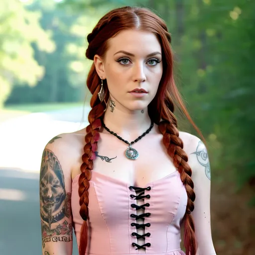 Prompt: modern witch, 18-25 years old, Attractive, beautiful, female, very long red hair, braids, tattoos, tight pastel pink dress, pretty makeup,  jewelry, North Carolina, photography,  Photoreal, 12k, depth of field, 


