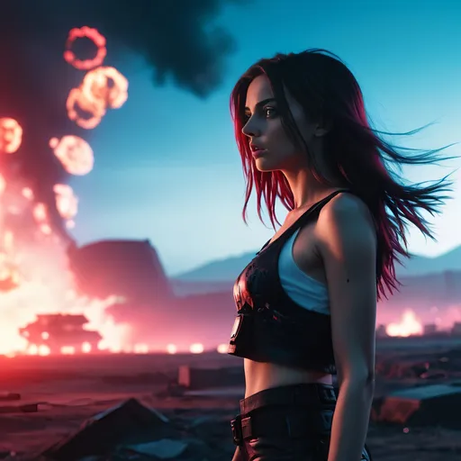 Prompt: 35mm photograph, silhouette of a cyberpunk-inspired woman standing in front of a landscape shot of a battle zone with distant explosions, looks like Ana de Armas, light black and red long hair, light blue eyes, cropped red and white tank top,  (looking intently at viewer), (viewer from low ground level view with focus on eyes), (inspired by Cyberpunk mixed with Fate: Grand Order), (vibrant colors with dark shadows), (explosions and smoke in synthwave background), (motion blur in background), (shallow depth of field with cyberpunk-inspired background with neon lights), photoreal, ring light, cinematic, ((masterpiece)), ((ultra detailed)), ((beautiful)), ((4k)), ((8k))