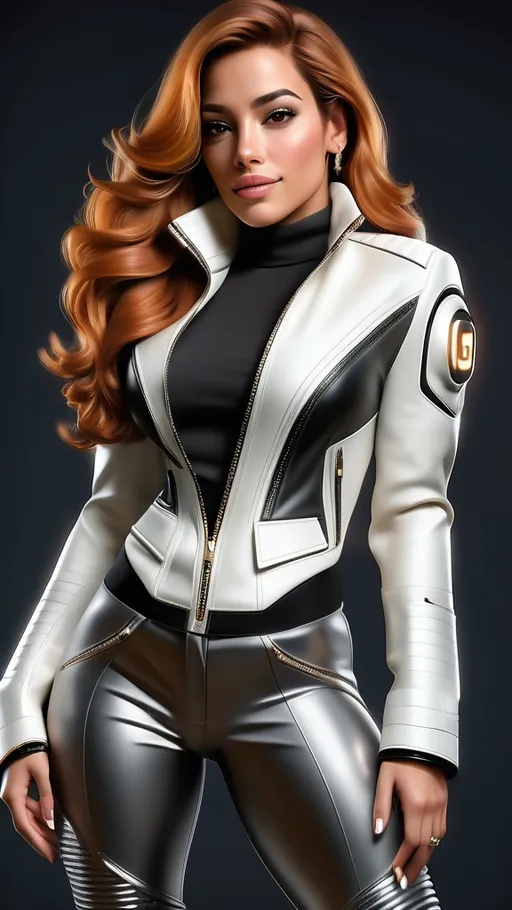 Prompt: Full body view of a happy and Wealthy 30 year old woman, cute playful Latina with amber hair and dark brown eyes, she looks like Natalie Martinez, wearing futuristic designer jacket and pants like Dior Gucci Chanel, petite slim physique, thin thighs, space between thighs, thighs don’t touch, long skinny legs, 12k, photorealistic, cinematic, natural lighting, natural beauty, 


