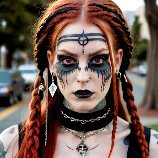 Prompt: modern witch, 18-25 years old, Attractive, beautiful, female, very long red hair, braids, tattoos, death metal, latex, corpse paint, white eye contacts, no pupils, jewelry, San Francisco,, photography,  Photoreal, 12k, depth of field, 


